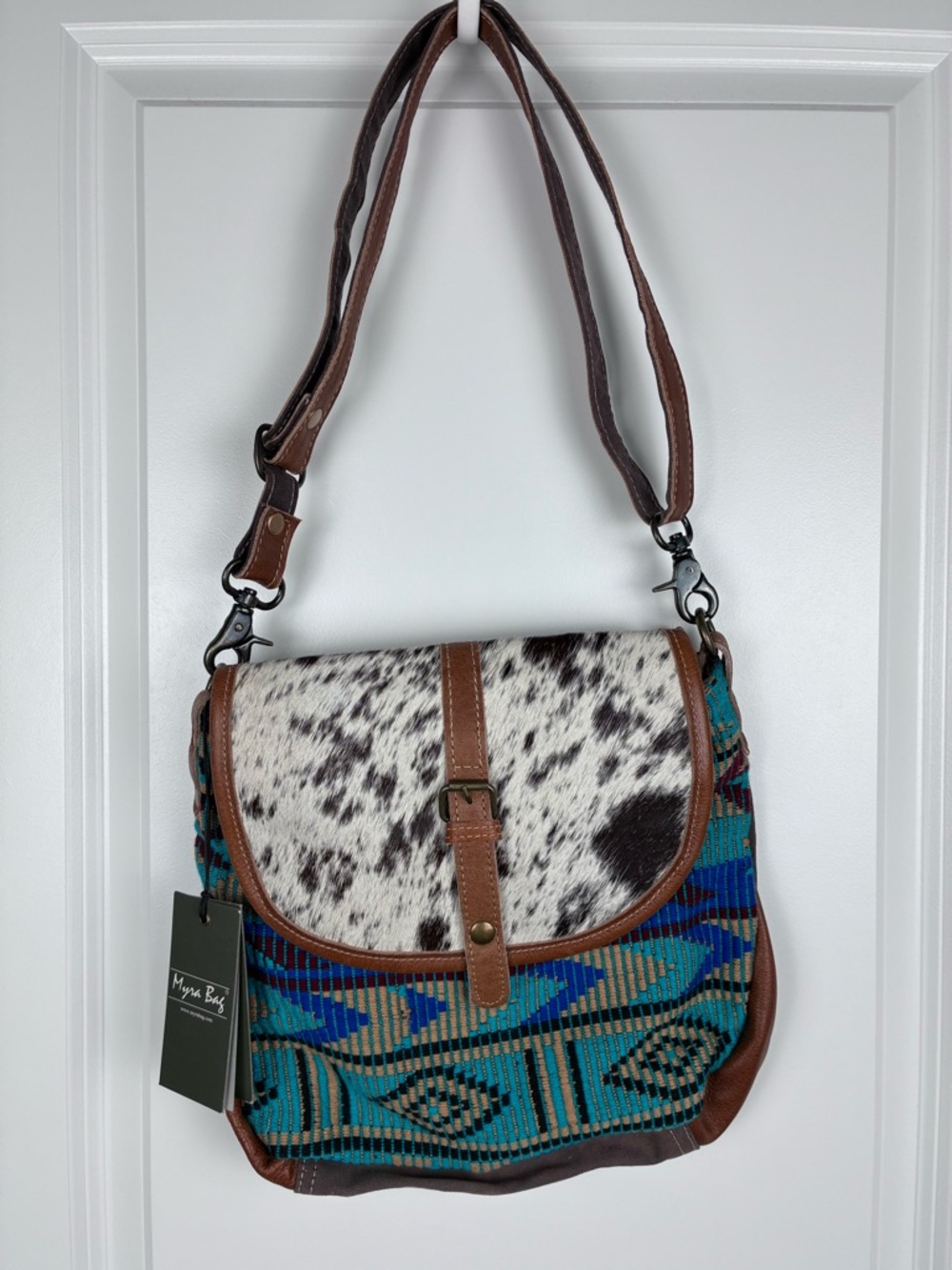 NWT Myra Teal Aztec Crossbody Bag with Brown Leather & Haircalf Flap